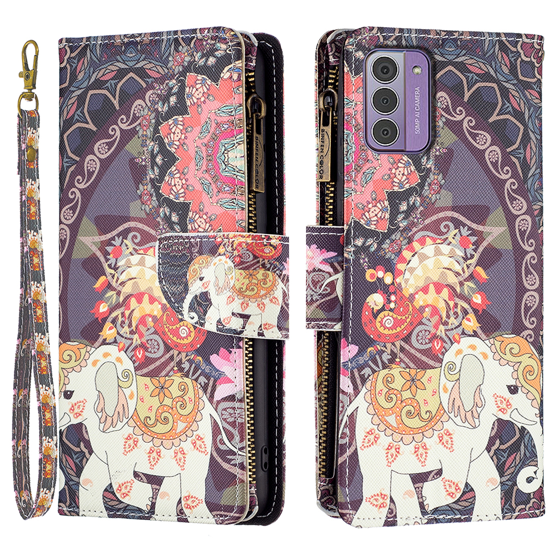 

BF03 Ledermusterdruckkoffer Für Nokia G42 / G310, Stand Reißverschluss Taschenbrieftasche Telefonabdeckung - Blumen Und Elefant, Nokia G42