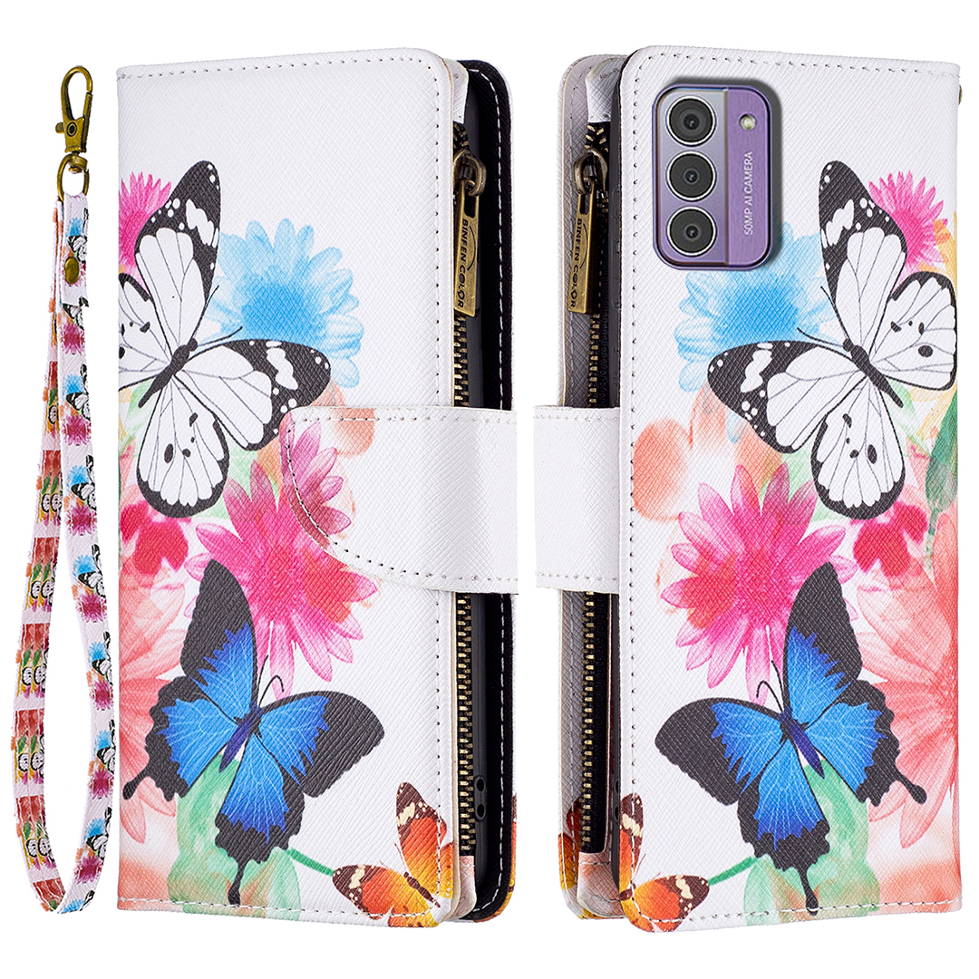 

BF03 Ledermusterdruckkoffer Für Nokia G42 / G310, Stand Reißverschluss Taschenbrieftasche Telefonabdeckung - Zwei Schmetterlinge, Nokia G42