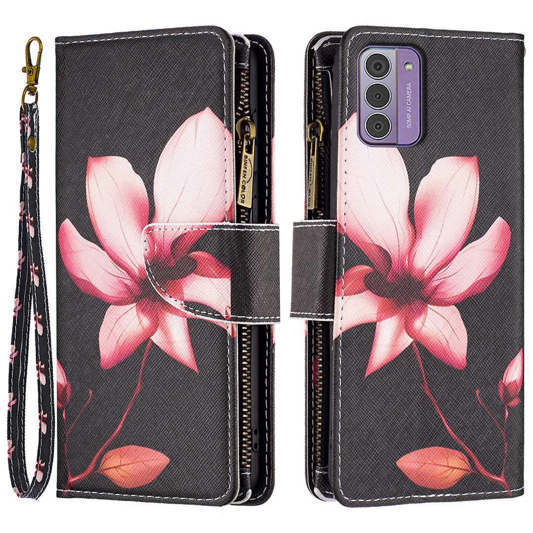 

BF03 Ledermusterdruckkoffer Für Nokia G42 / G310, Stand Reißverschluss Taschenbrieftasche Telefonabdeckung - Pinke Blume, Nokia G42