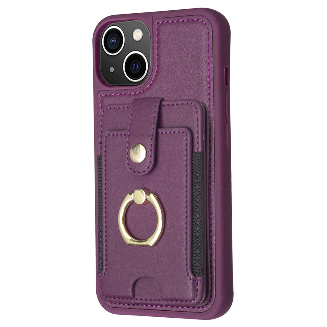 

BF27 Für Iphone 15 Plus PU -lederbeschichtete TPU -telefonhülle Ring Kickstand -karten -slot -schutzabdeckung - Dunkelviolett, iPhone 15 Plus