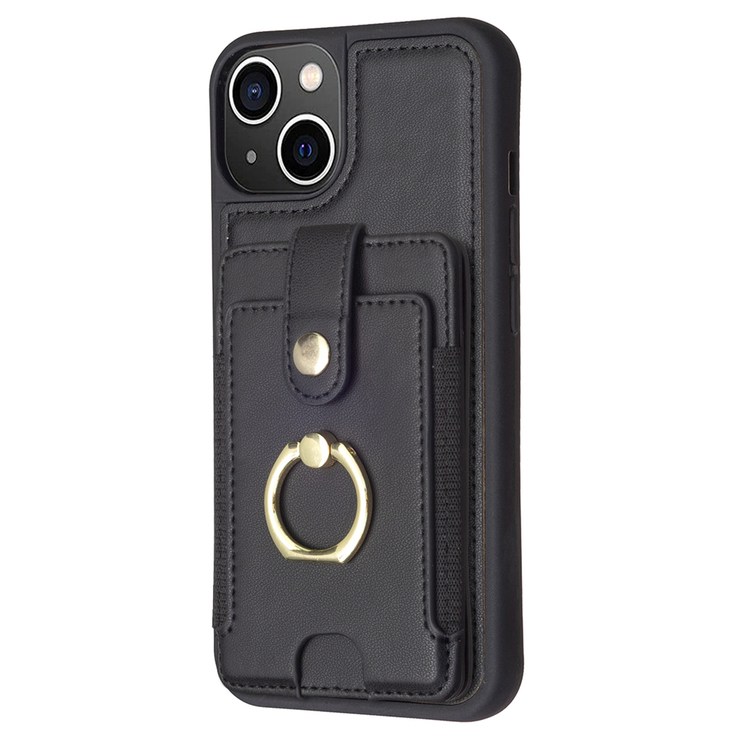 

BF27 Für Iphone 15 Plus PU -lederbeschichtete TPU -telefonhülle Ring Kickstand -karten -slot -schutzabdeckung - Schwarz, iPhone 15 Plus