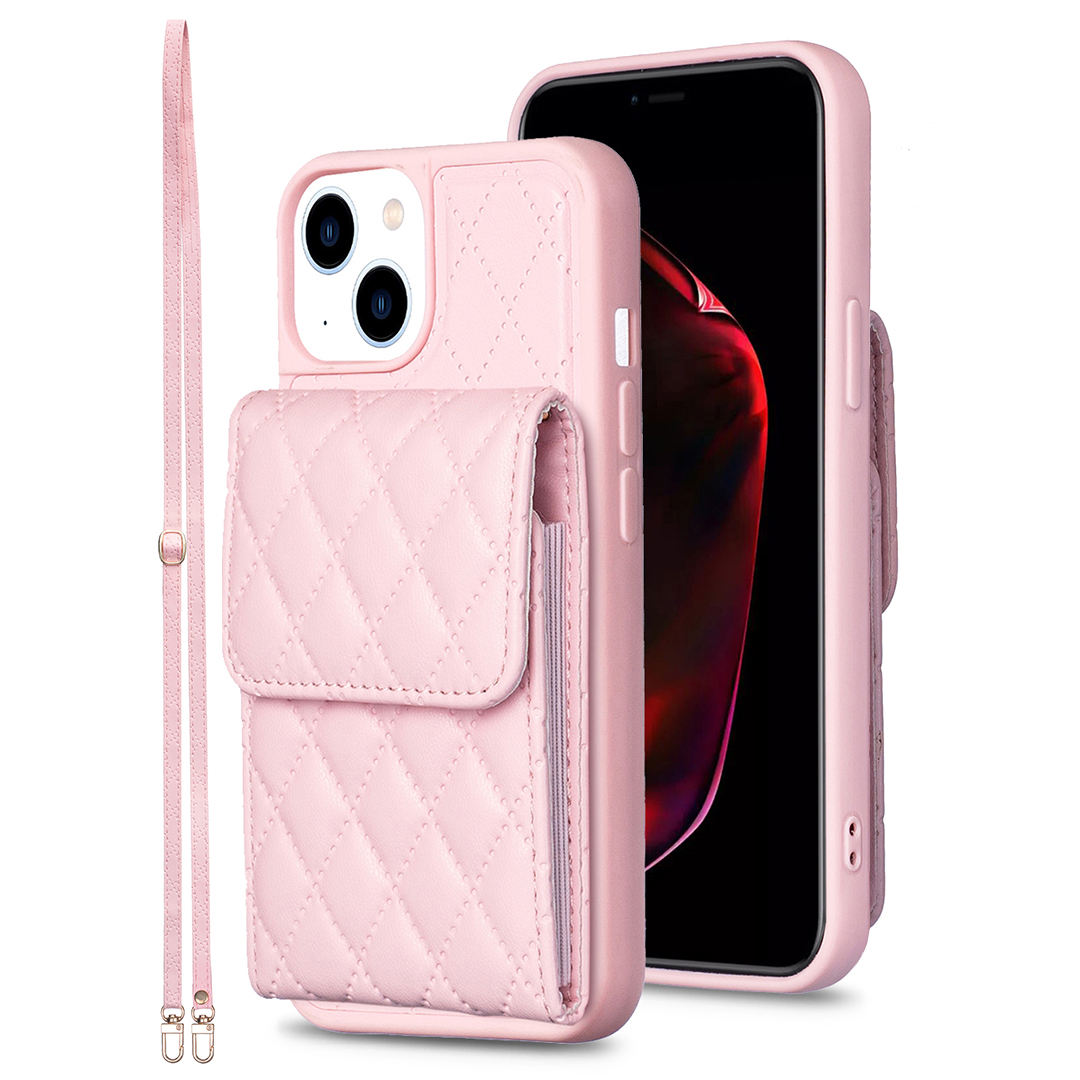 

Für Das Iphone 15 Plus Eingeprägte PU -leder -beschichtete TPU -telefon -kickstand -hülle Vertikaler Kartenschlitzabdeckung - Rosa, iPhone 15 Plus
