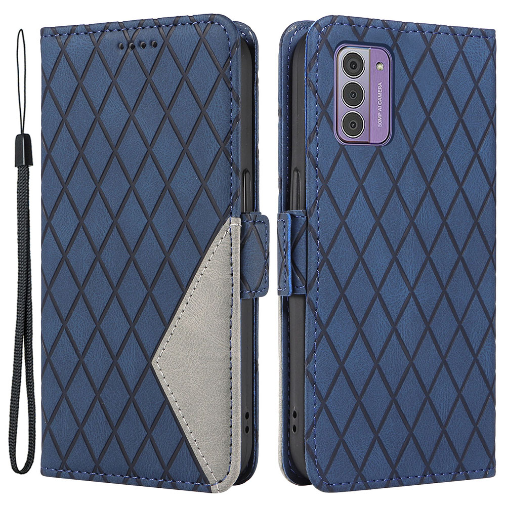 

Spleißen Lederabdeckung Für Nokia G42, Rhombus Impresstiert Flip Ständer Brieftasche Telefonhülle - Blau, Nokia G42