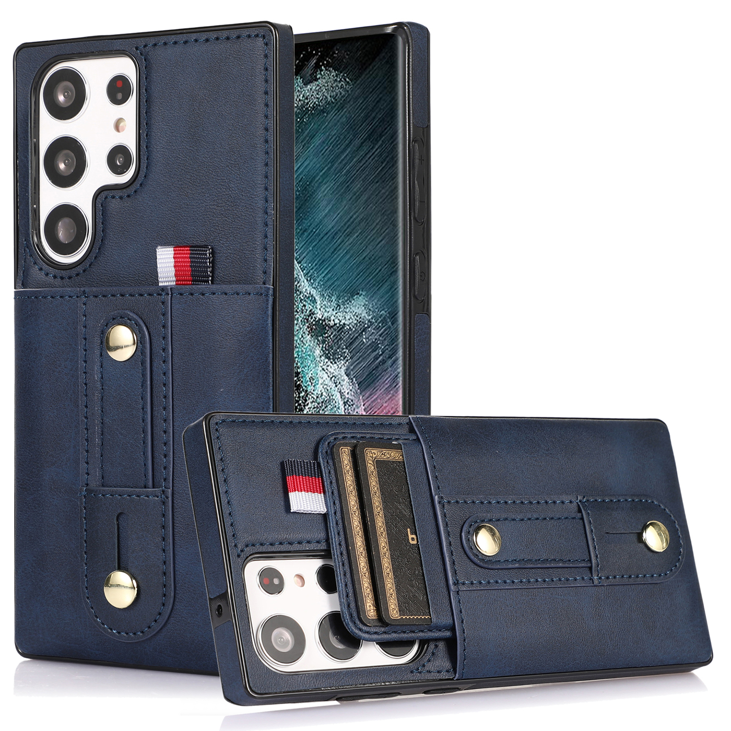 

Für Samsung Galaxy S22 Ultra 5G Kickstand-kartenhalter Hülle Pu-lederbeschichtete TPU Anti-drop Retro-telefonabdeckung - Blau, Galaxy S22 Ultra 5G