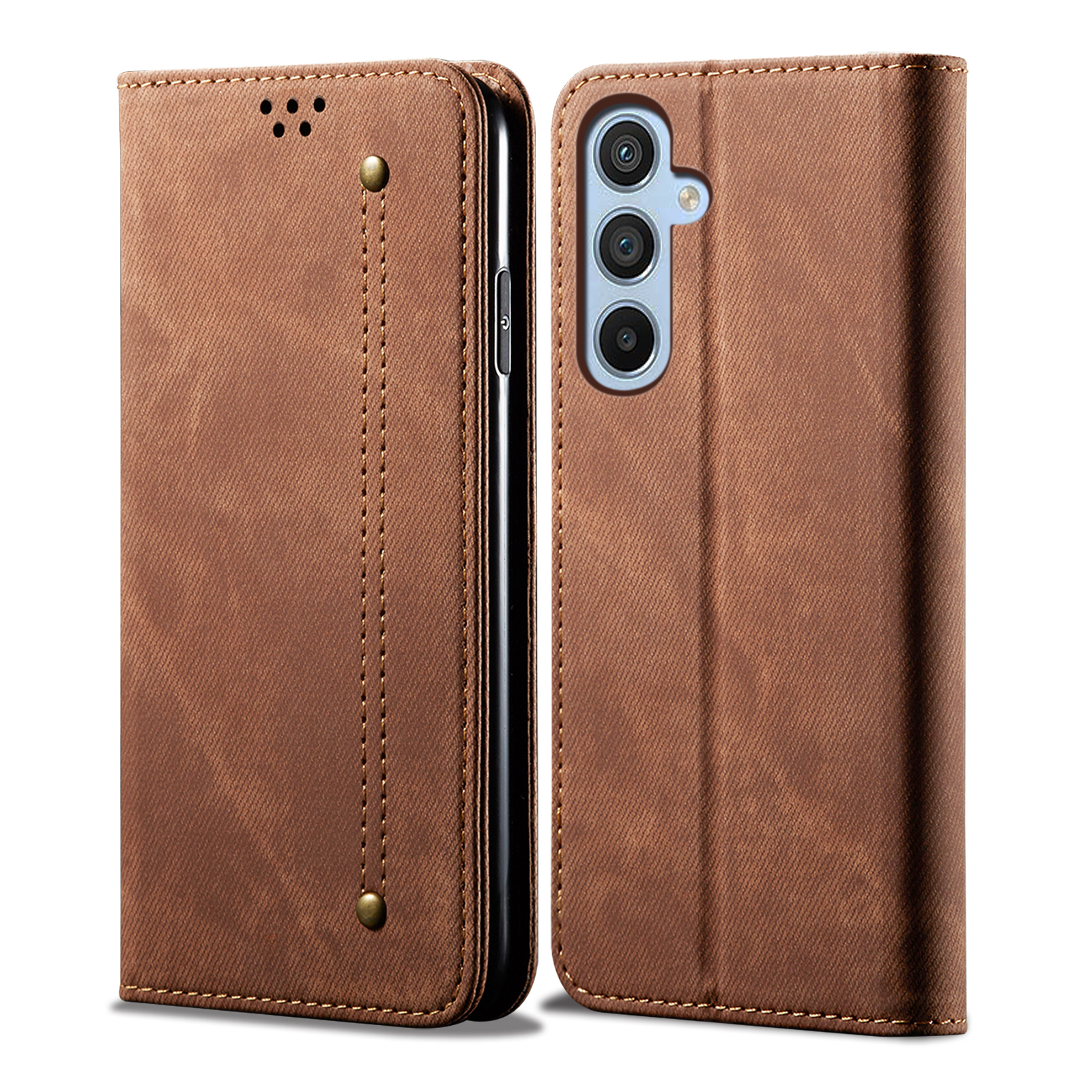 

Für Samsung Galaxy S23 fe Jeans Stoff Textur Brieftasche Hülle PU Lederständer Telefonabdeckung - Kaffee, Galaxy S23 FE