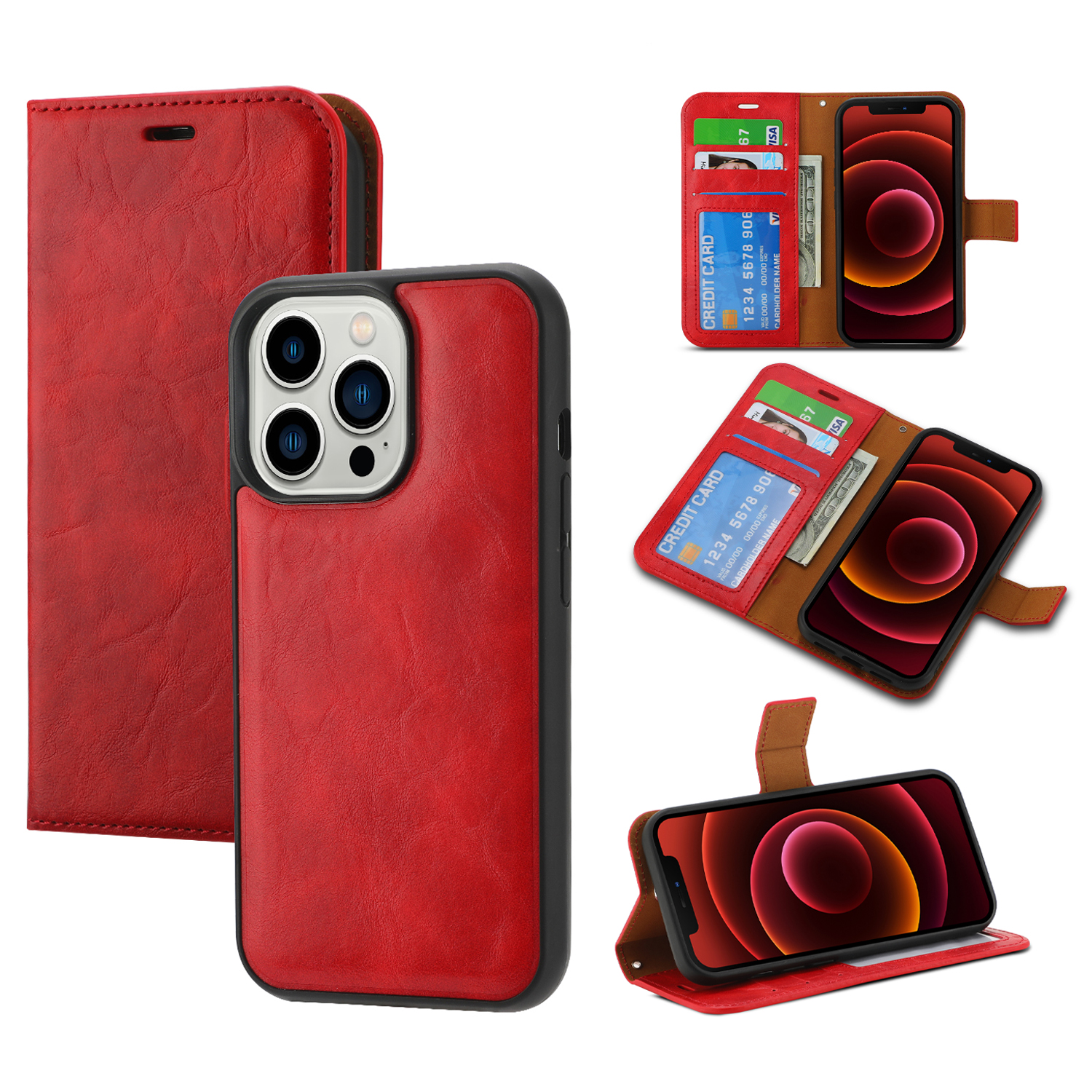 

Crazy Horse Textur Pu-telefon Hülle Für Iphone 15 Pro Abnehmbar 2-in-1 Magnetic Absorption Wallet Telefonabdeckung - Rot, iPhone 15 Pro