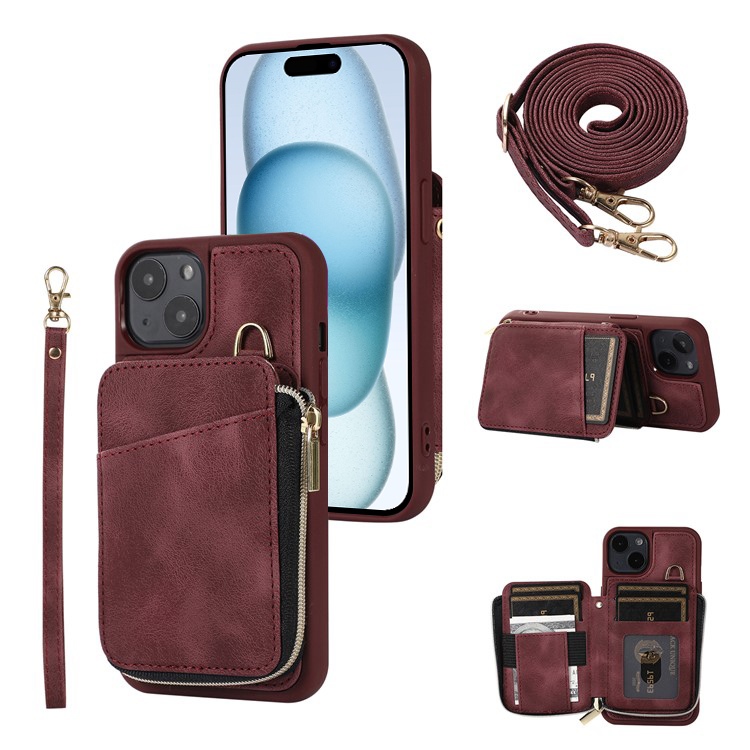 

Reißverschluss Brieftasche Telefon Kickstand Cover Für Iphone 15, PU Lederbeschichtete TPU -back -hülle - Weinrot, iPhone 15