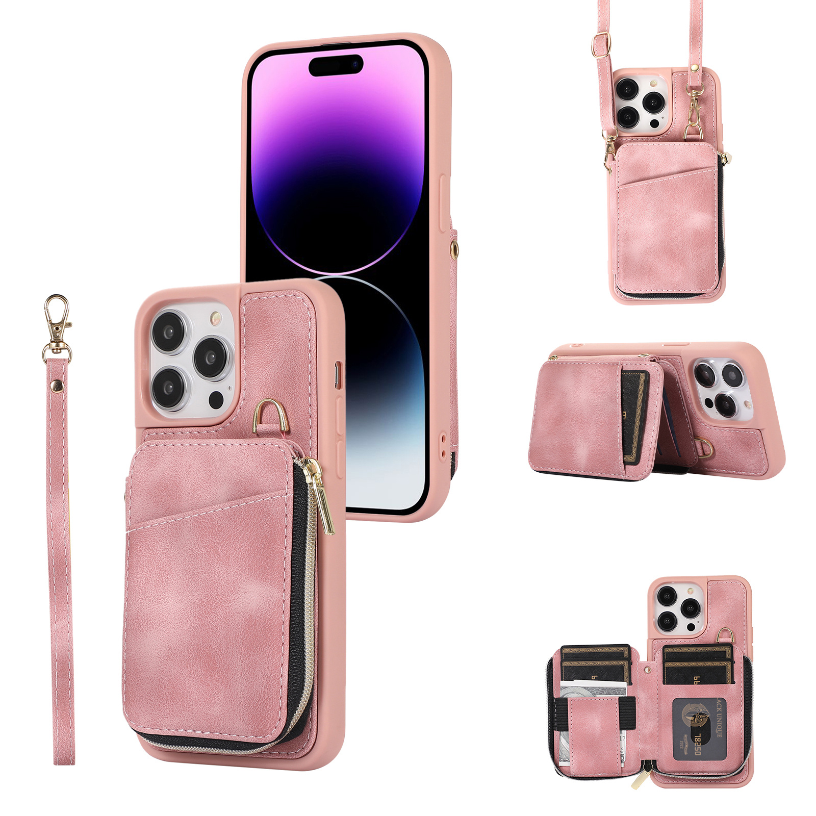 

Bump Proof Shell Für Iphone 14 Pro Max Reißverschluss Brieftasche Telefon Cover Kickstand PU Leder+tpu Hülle - Rosa, iPhone 14 Pro Max