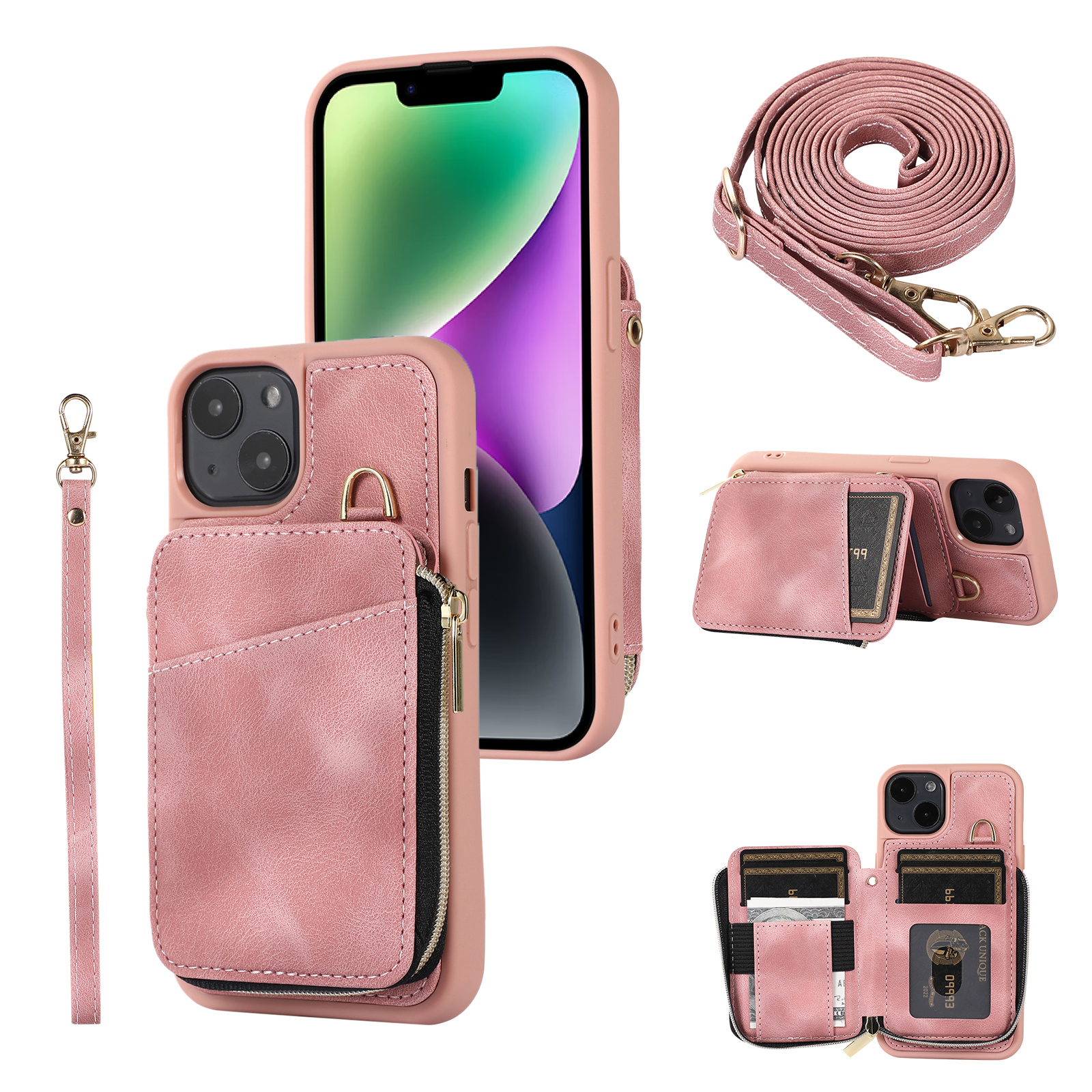 

Mobiltelefonschutz Shell Für Iphone 14 Plus Reißverschluss Brieftasche Cover Kickstand PU Leder+tpu Hülle - Rosa, iPhone 14 Plus