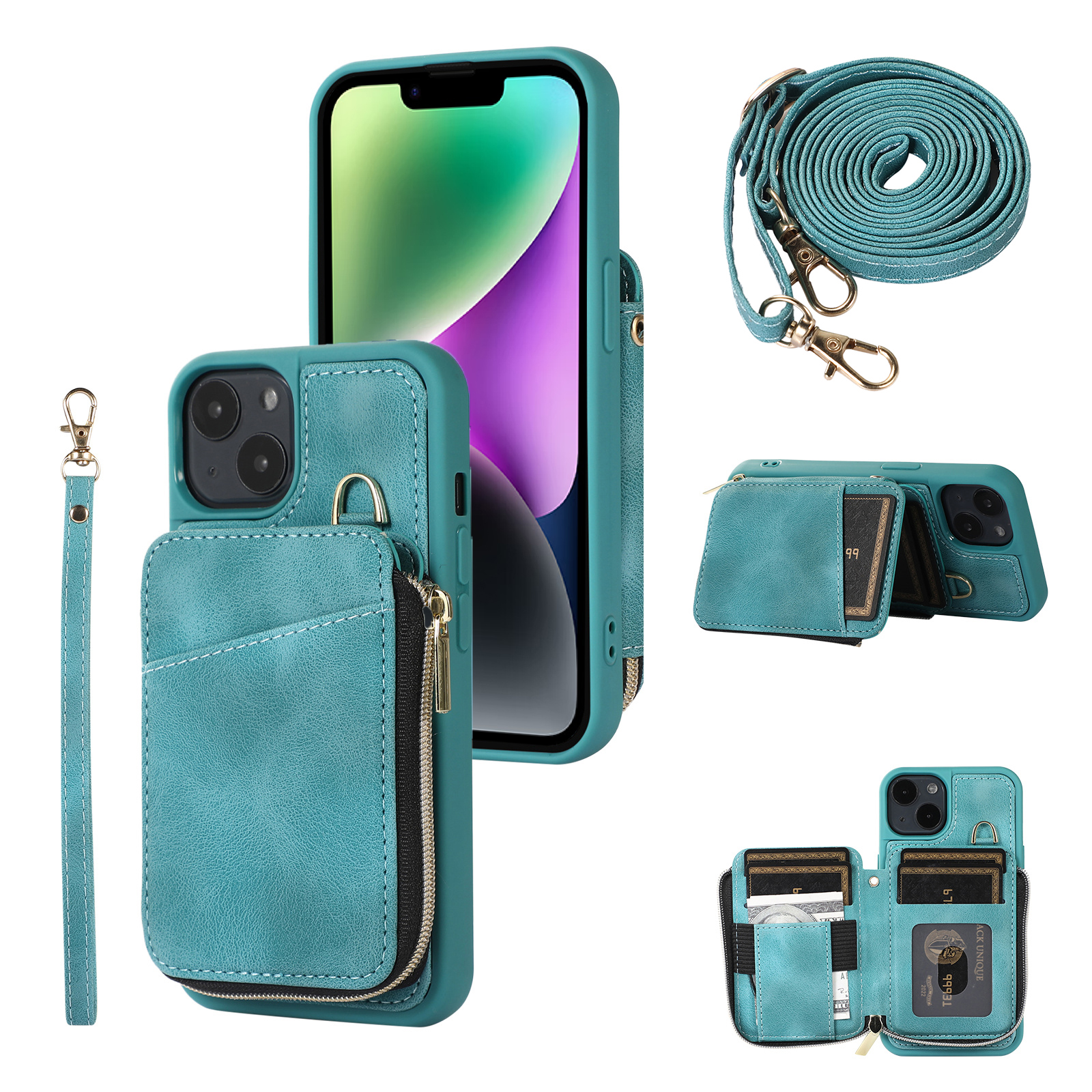

Mobiltelefonschutz Shell Für Iphone 14 Plus Reißverschluss Brieftasche Cover Kickstand PU Leder+tpu Hülle - Grün, iPhone 14 Plus