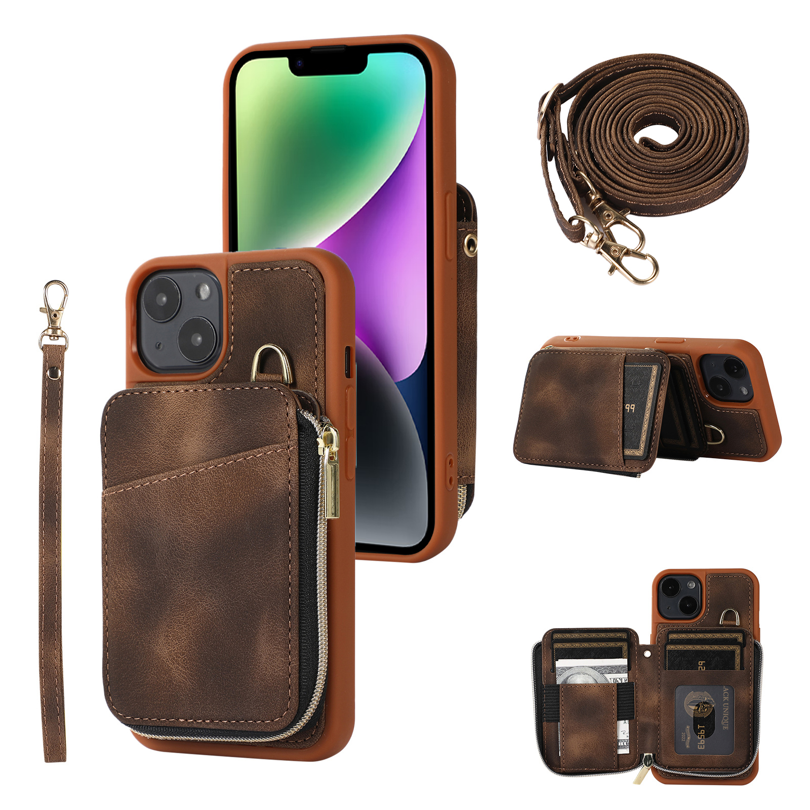 

Mobiltelefonschutz Shell Für Iphone 14 Plus Reißverschluss Brieftasche Cover Kickstand PU Leder+tpu Hülle - Braun, iPhone 14 Plus