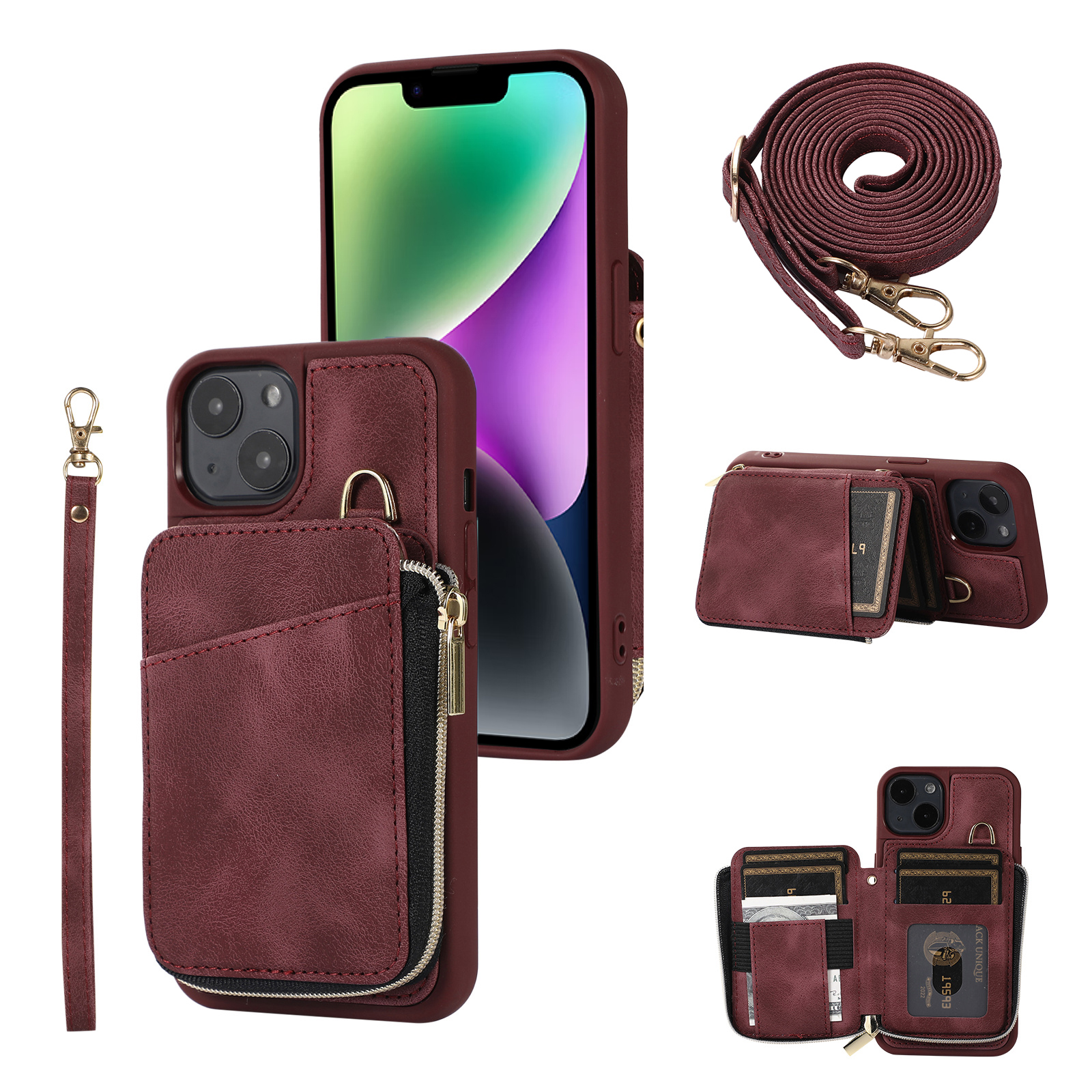 

Mobiltelefonschutz Shell Für Iphone 14 Plus Reißverschluss Brieftasche Cover Kickstand PU Leder+tpu Hülle - Weinrot, iPhone 14 Plus
