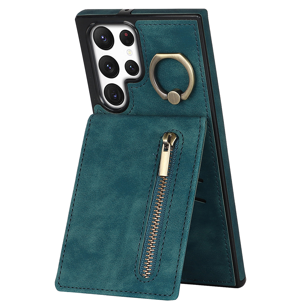 

PU+TPU Kickstand Telefonabdeckung Für Samsung Galaxy S22 Ultra 5G RFID -blockierungshülle Mit Reißverschluss Brieftasche - Blau, Galaxy S22 Ultra 5G