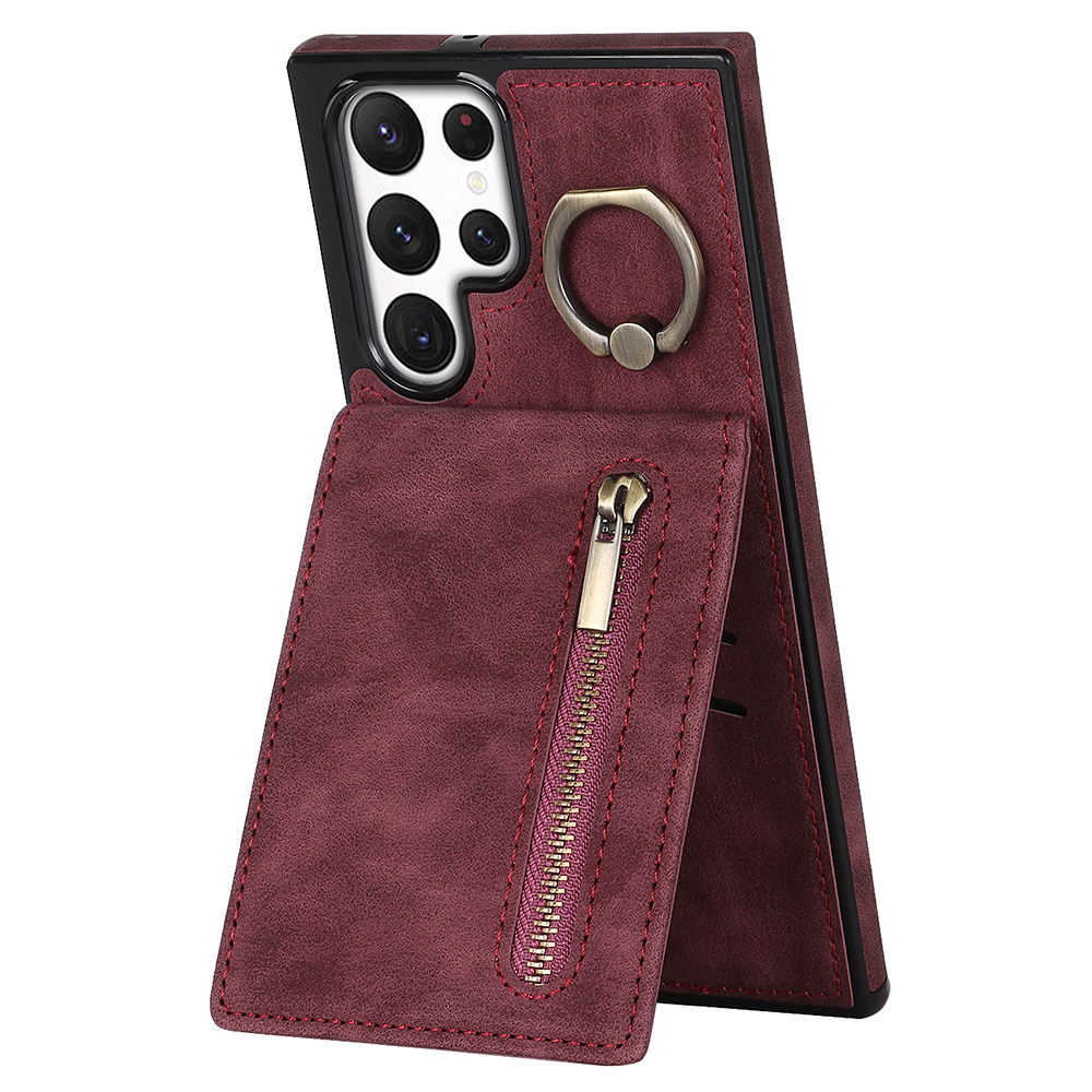 

PU+TPU Kickstand Telefonabdeckung Für Samsung Galaxy S22 Ultra 5G RFID -blockierungshülle Mit Reißverschluss Brieftasche - Weinrot, Galaxy S22 Ultra 5G