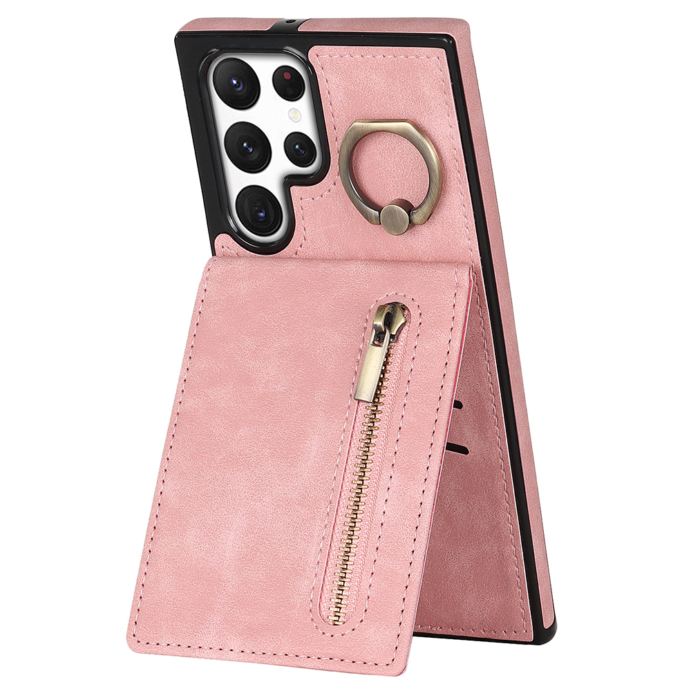 

PU+TPU Kickstand Telefonabdeckung Für Samsung Galaxy S22 Ultra 5G RFID -blockierungshülle Mit Reißverschluss Brieftasche - Rosa, Galaxy S22 Ultra 5G