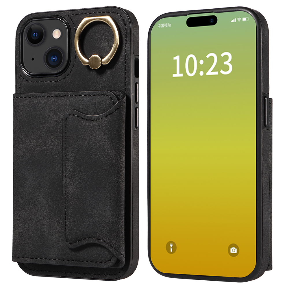 

001 Ring Kickstand -karten -slots Hülle Für Iphone 15, PU -lederbeschichtete TPU -telefonabdeckung - Schwarz, iPhone 15