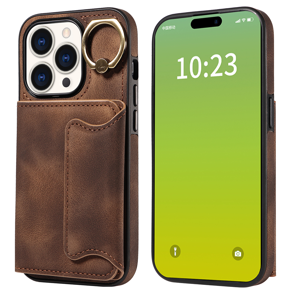 

001 Kartenhalter -telefonhülle Für Iphone 15 Pro, PU -lederbeschichtete TPU -abdeckung Mit Ringstand - Braun, iPhone 15 Pro