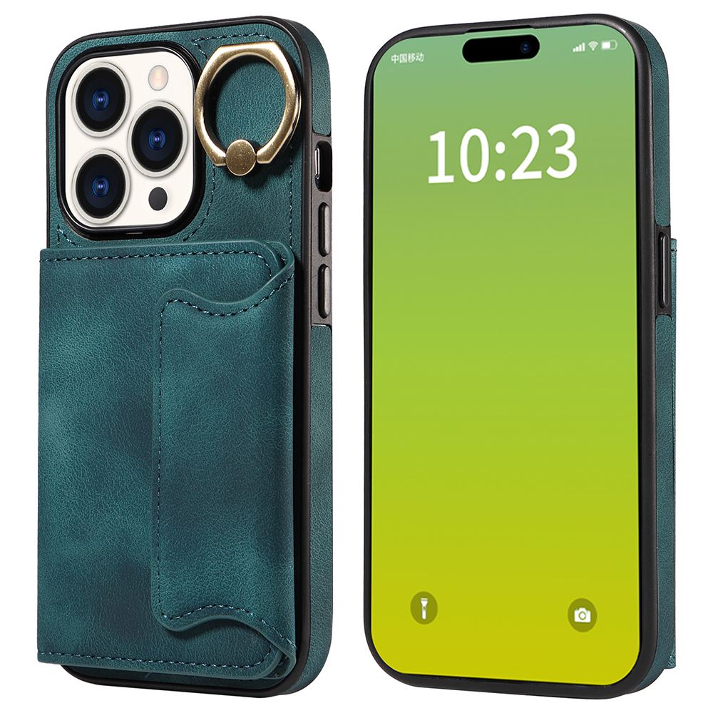 

001 Kartenhalter -telefonhülle Für Iphone 15 Pro, PU -lederbeschichtete TPU -abdeckung Mit Ringstand - Grün, iPhone 15 Pro