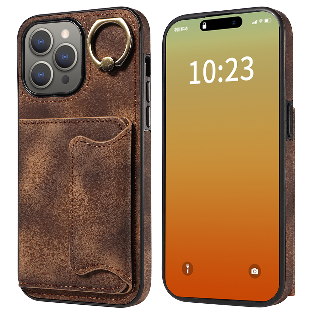 

001 Ring-kickstand-hülle Für Iphone 15 Pro Max PU+TPU Wallet Phone Case Skin-Touch Schockdcover - Braun, iPhone 15 Pro Max