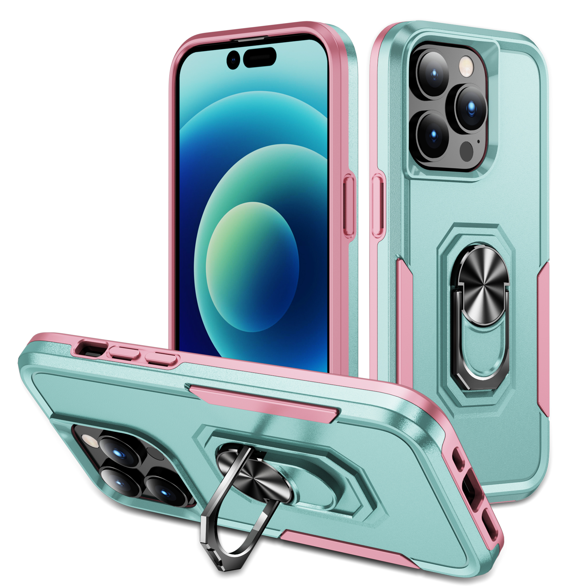 

Für Das Iphone 15 Pro Max PC+TPU Schockdcover Ring Ring Kickstand Anti-scratch-telefonhülle - Pink+grün, iPhone 15 Pro Max