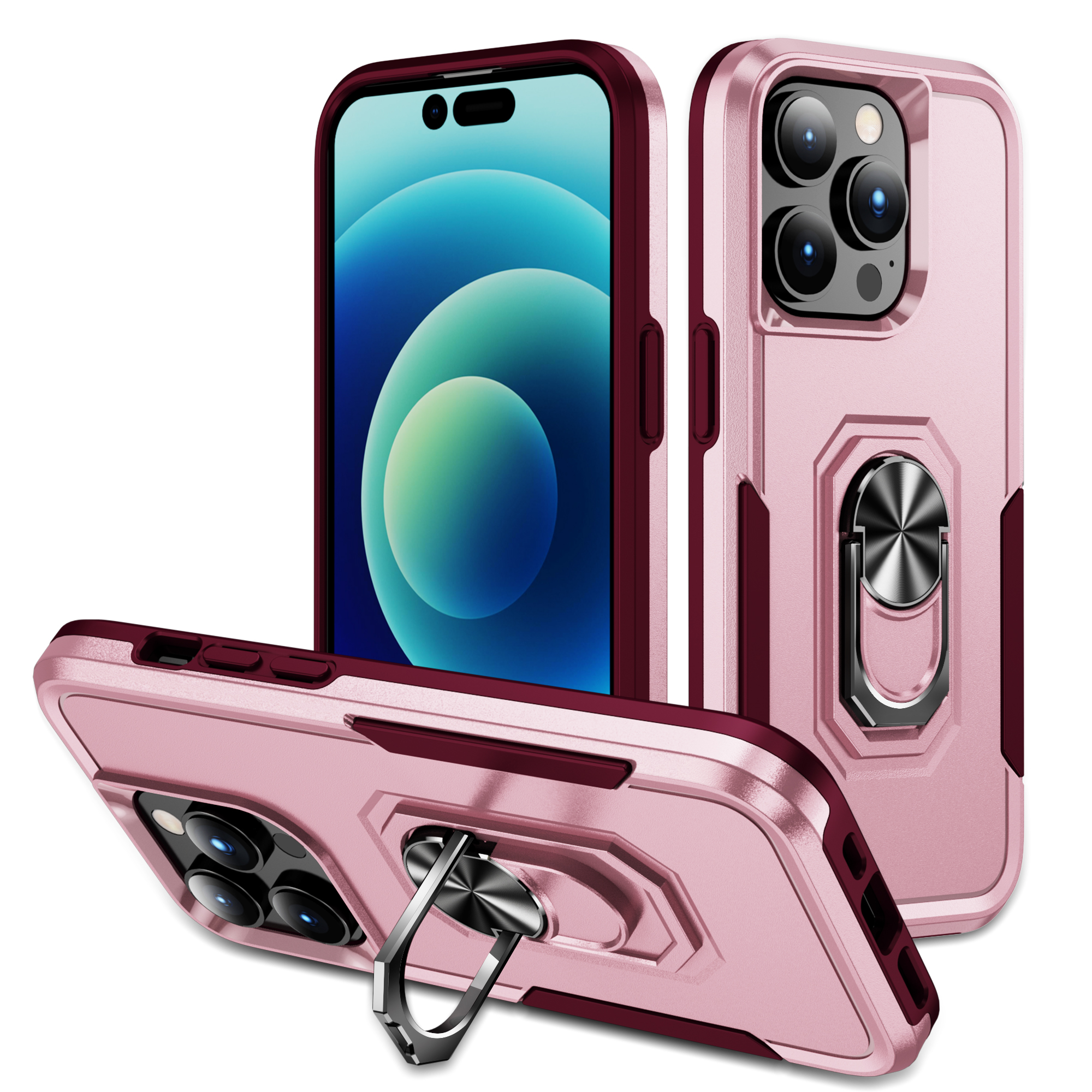 

Für Das Iphone 15 Pro Drop-proof-rückzugabdeckung Pc+tpu-telefonhülle Mit Ring-kickstand - Pink+Rose, iPhone 15 Pro