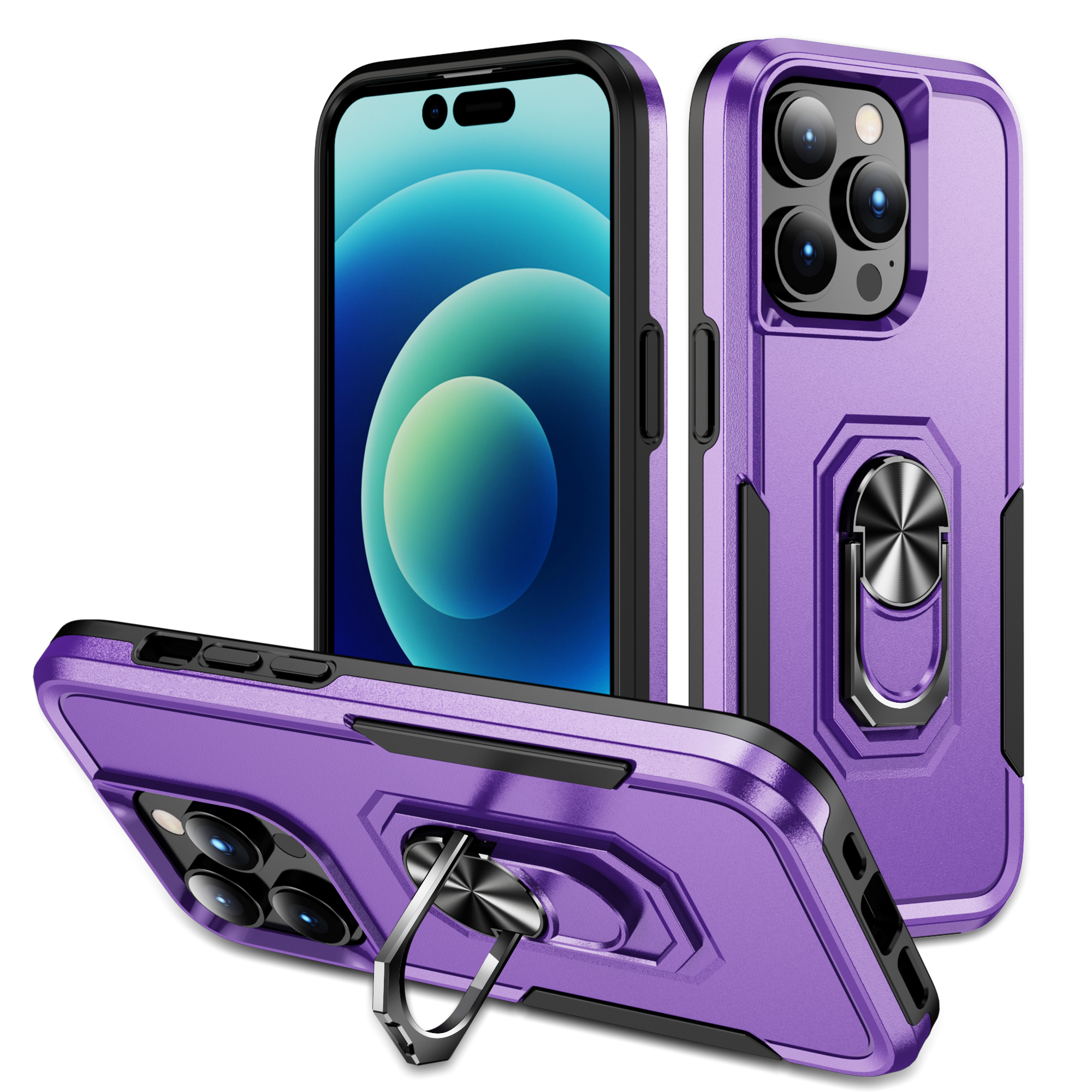 

Für Das Iphone 15 Pro Drop-proof-rückzugabdeckung Pc+tpu-telefonhülle Mit Ring-kickstand - Lila+schwarz, iPhone 15 Pro