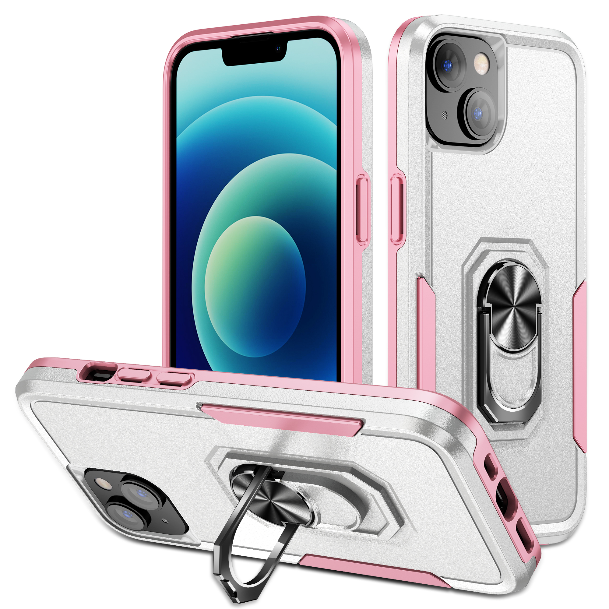 

Für Das Iphone 15 Plus Ring Kickstand Pc+tpu-rückzugabdeckung Anti-kratzer-telefonhülle - Weiß+pink, iPhone 15 Plus