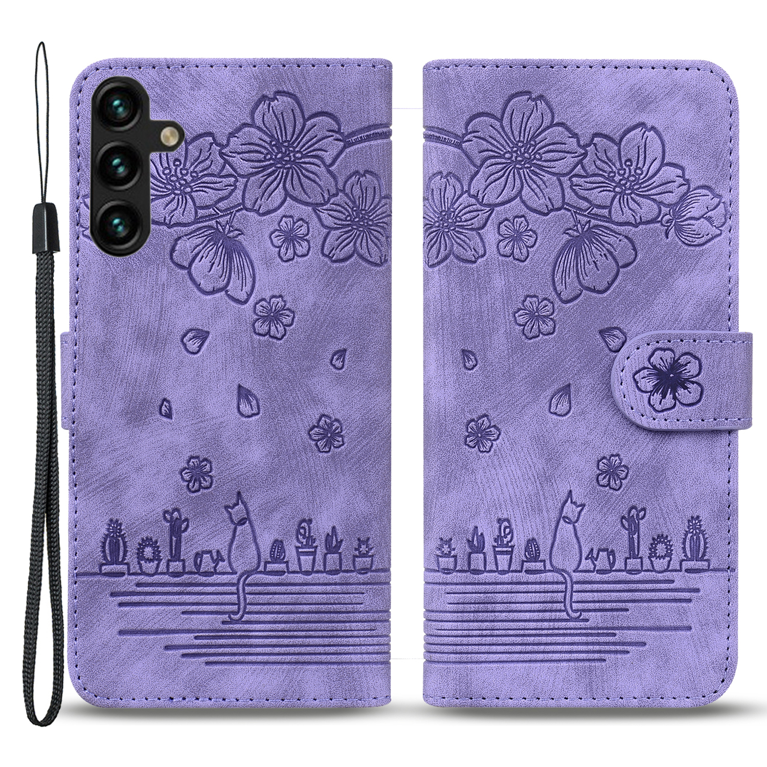 

PU Leder Brieftasche Hülle Für Samsung Galaxy S23 fe Cat Flower Printed Phone Stand Cover Mit Riemen - Lila, Galaxy S23 FE