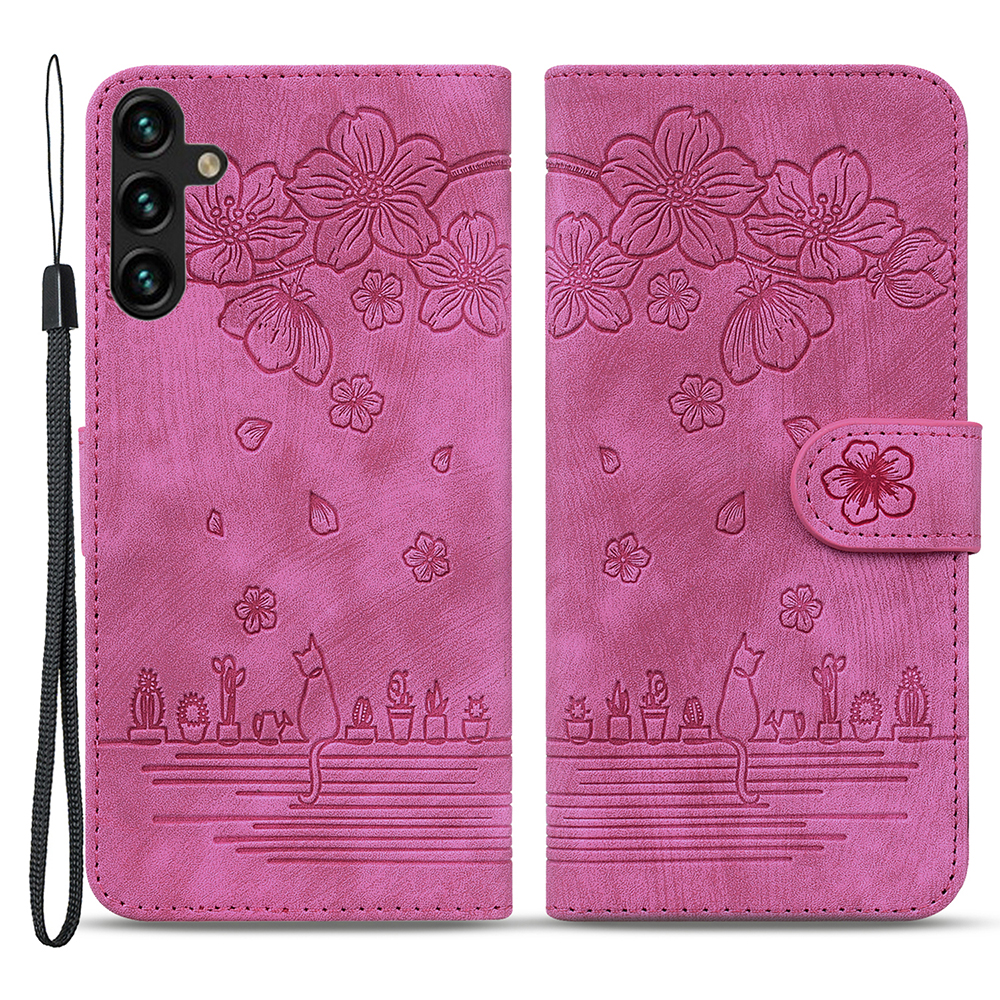 

PU Leder Brieftasche Hülle Für Samsung Galaxy S23 fe Cat Flower Printed Phone Stand Cover Mit Riemen - Rose, Galaxy S23 FE