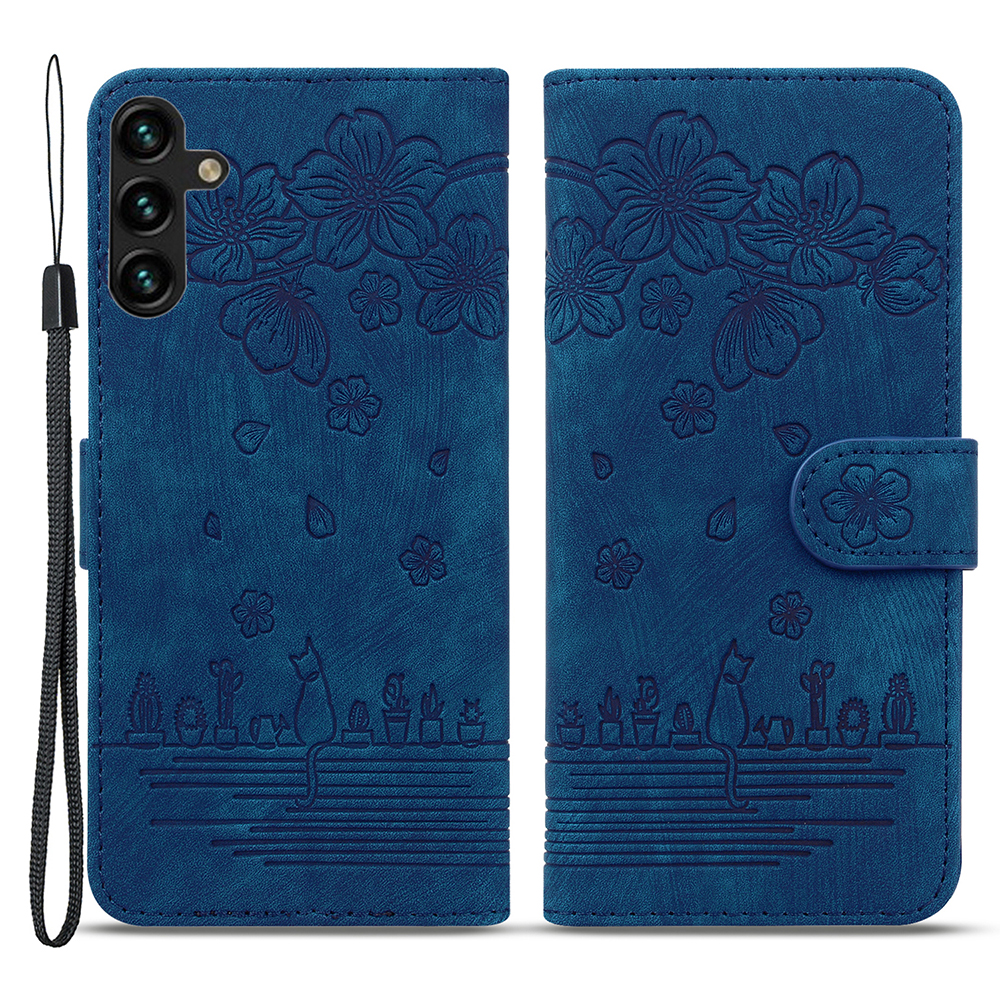 

PU Leder Brieftasche Hülle Für Samsung Galaxy S23 fe Cat Flower Printed Phone Stand Cover Mit Riemen - Blau, Galaxy S23 FE