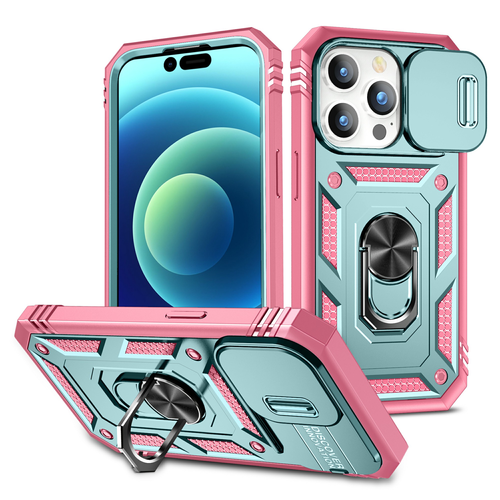 

Für Das Iphone 15 Pro Slide Camera Window Phone Hülle PC+TPU -kickstand -cover Mit Kartensteckplatz - Grün+pink, iPhone 15 Pro