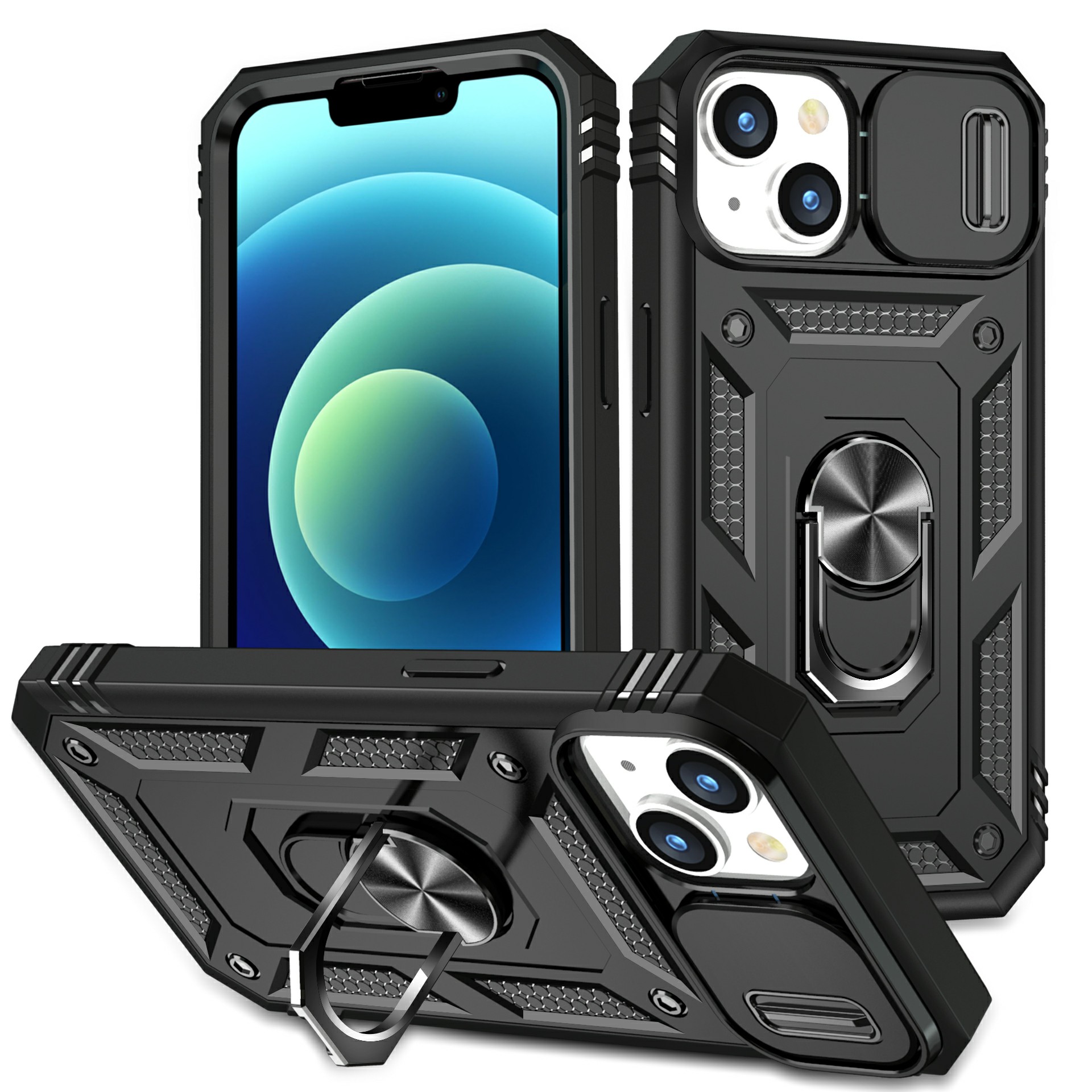 

Für Das Iphone 15 Plus PC+TPU Kickstand-kartenhalter-telefonschale Mit Schiebkamera-abdeckung- Schwarz, iPhone 15 Plus