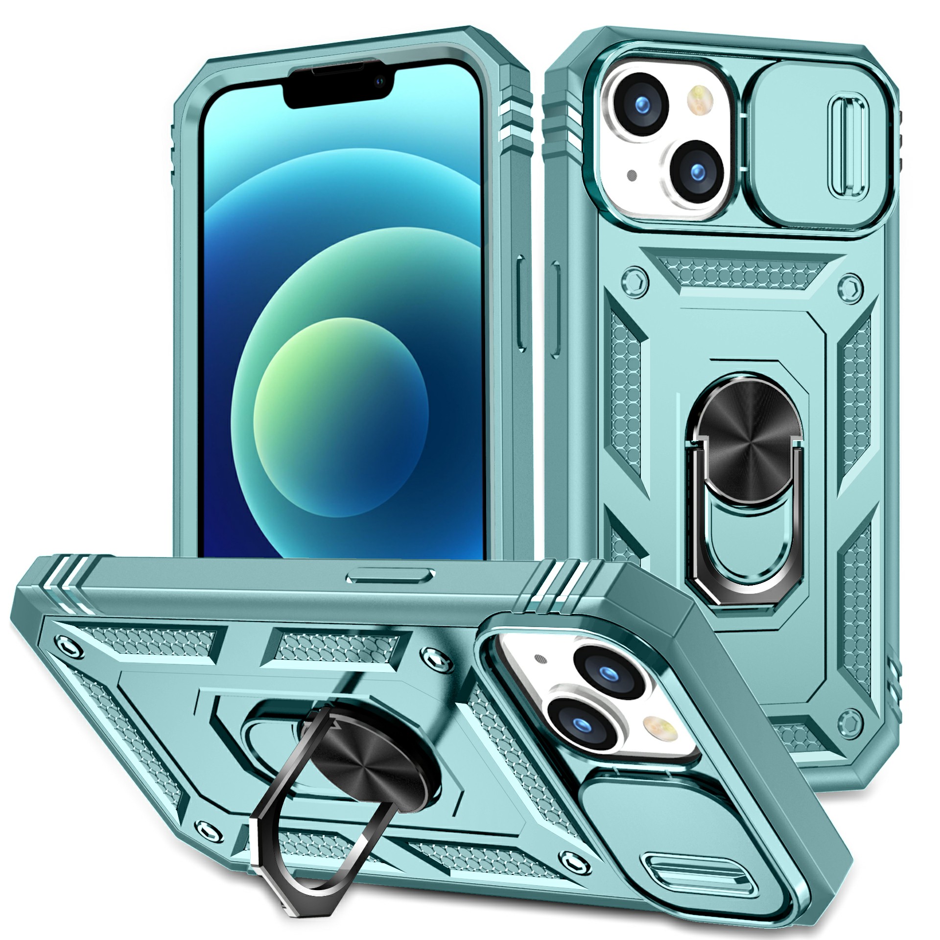 

Für Das Iphone 15 Plus PC+TPU Kickstand-kartenhalter-telefonschale Mit Schiebkamera-abdeckung- Grau Grün, iPhone 15 Plus
