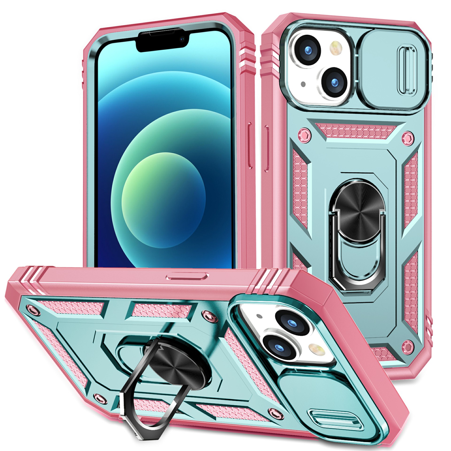 

Für Das Iphone 15 Plus PC+TPU Kickstand-kartenhalter-telefonschale Mit Schiebkamera-abdeckung- Grau Grün+pink, iPhone 15 Plus