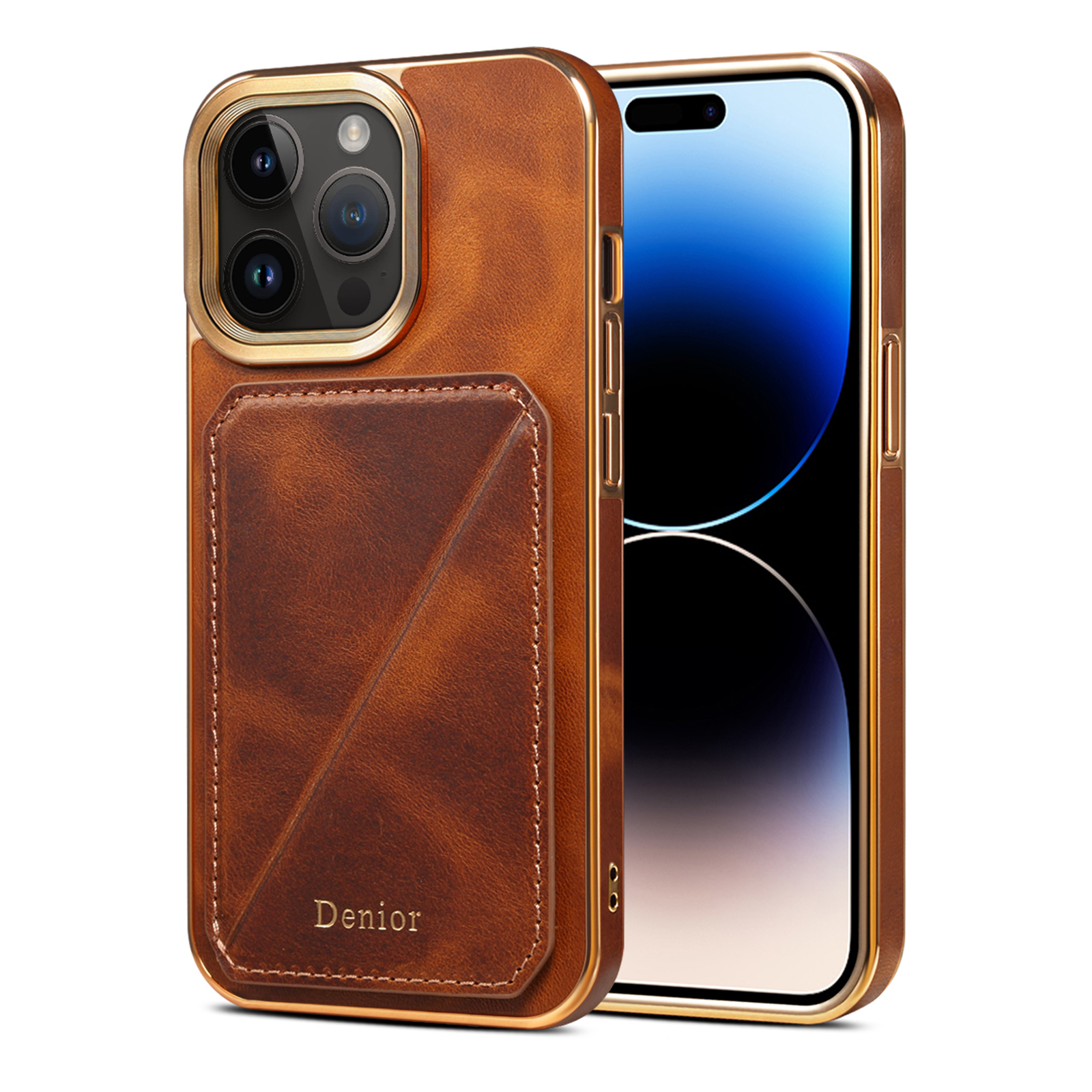 

Denior Für Iphone 14 Pro Max Phone Kickstand Case -kartenhalter Elektroplieren Wachsartige Echte Kuhlederschicht TPU+PC -abdeckung - Braun, iPhone 14 Pro Max