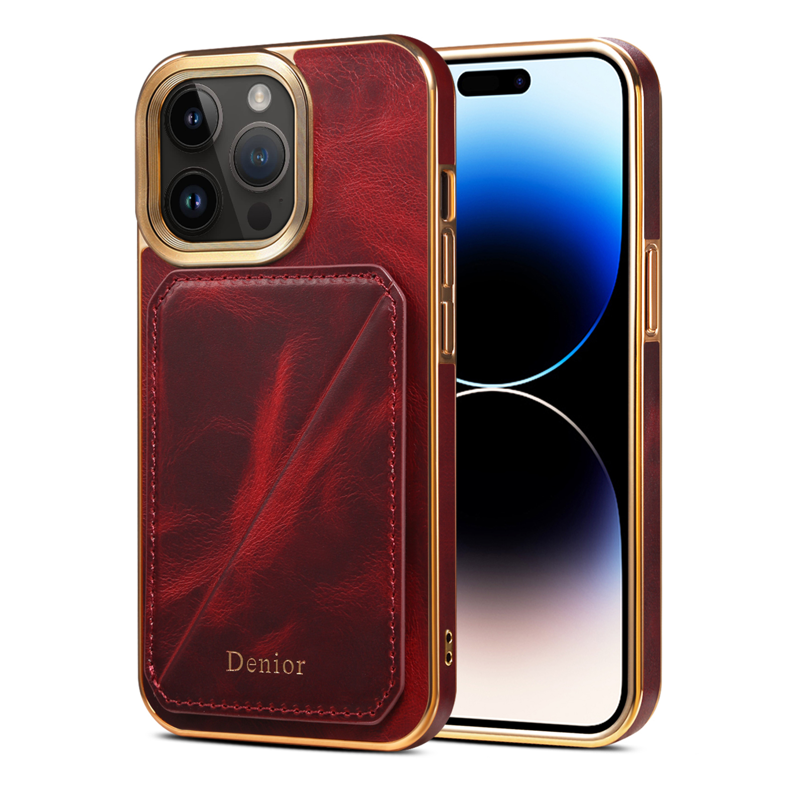 

Denior Für Iphone 14 Pro Max Phone Kickstand Case -kartenhalter Elektroplieren Wachsartige Echte Kuhlederschicht TPU+PC -abdeckung - Rot, iPhone 14 Pro Max