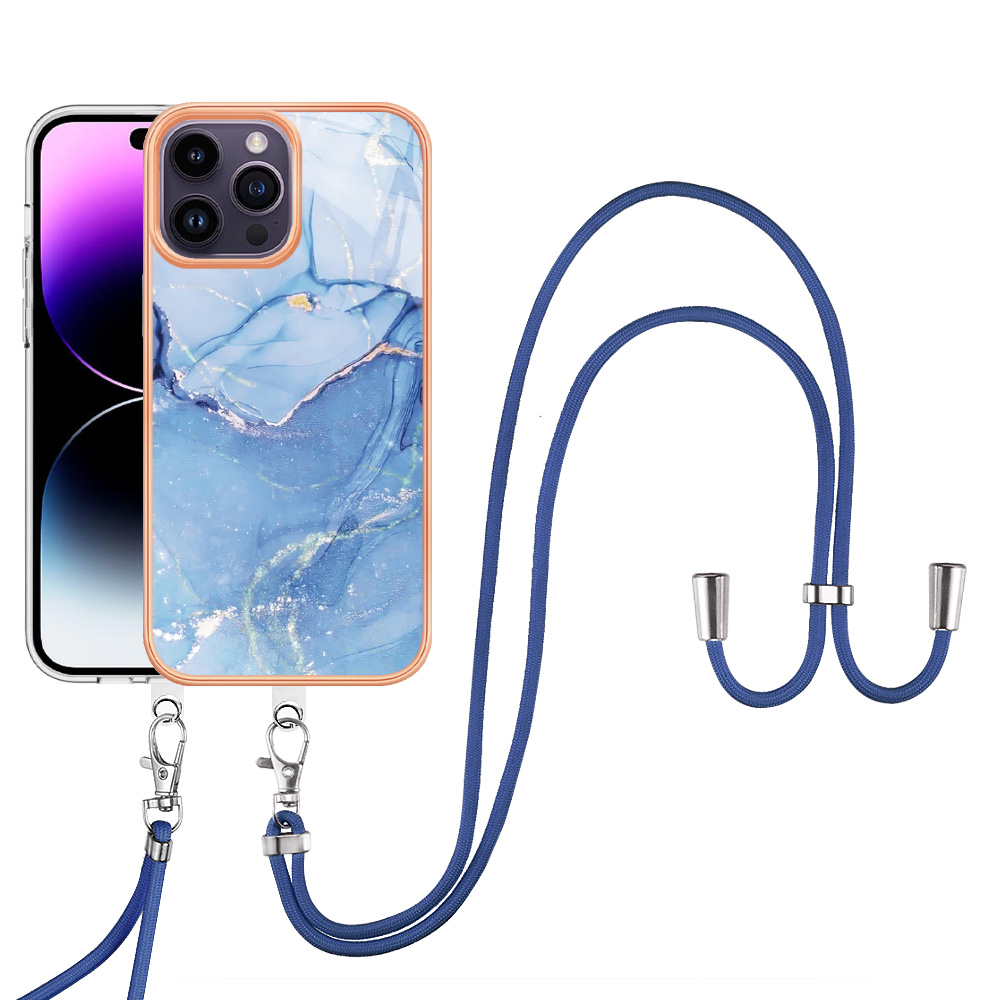 

YB IMD Series-18-stil E Für Iphone 15 Pro Max Anti-drop-cover IMD Marmor Muster 2,0 mm Tpu-telefonhülle Mit Lanyard - Blau, iPhone 15 Pro Max