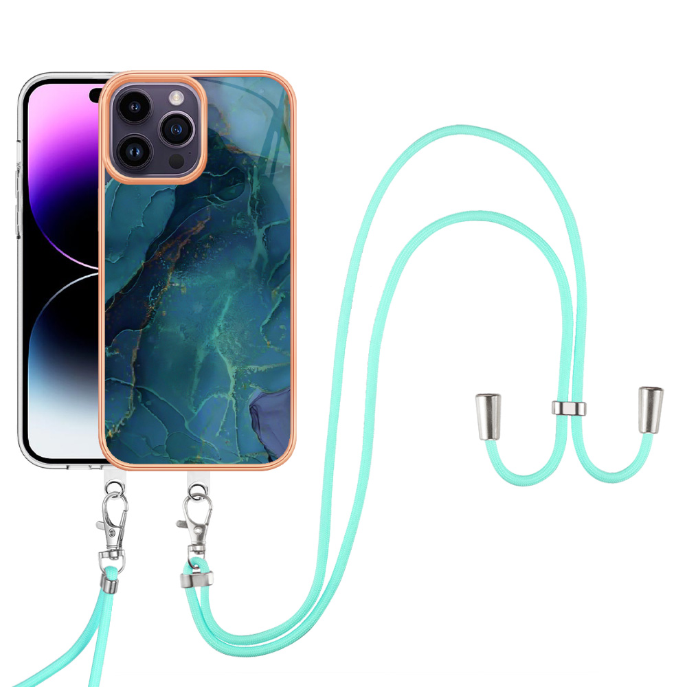 

YB IMD Series-18-stil E Für Iphone 15 Pro Max Anti-drop-cover IMD Marmor Muster 2,0 mm Tpu-telefonhülle Mit Lanyard - Grün, iPhone 15 Pro Max