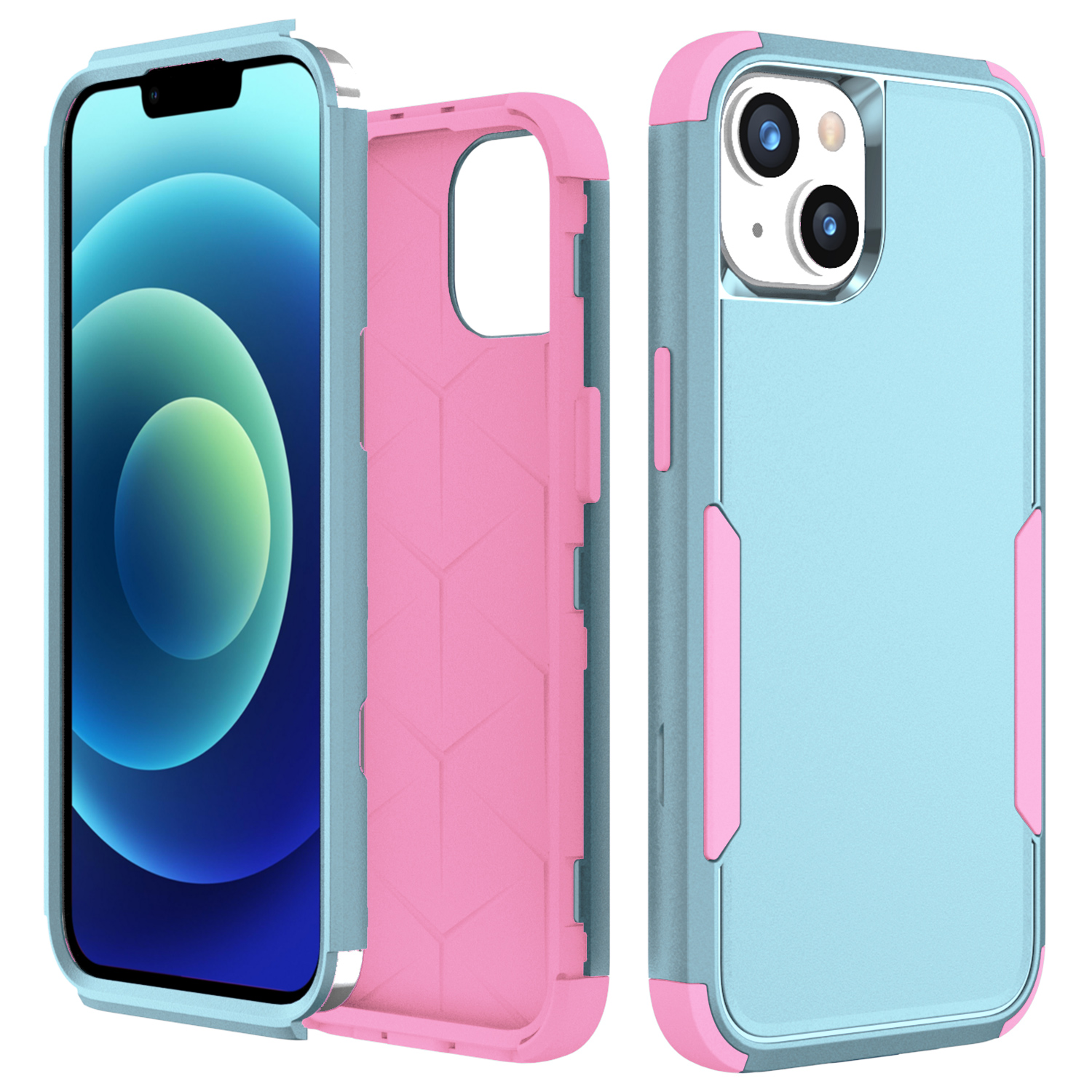 

Puter-serie 3-in-1-telefonhülle Für Iphone 15, Soft TPU Hard PC Anti-drop-telefonabdeckung - Grau Grün / Rosa, iPhone 15