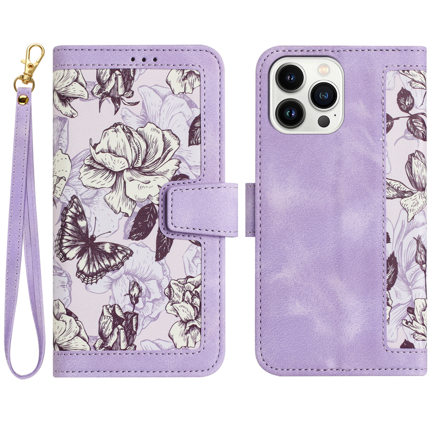 

Kartensteckplätze Lederetasche Für Iphone 15 Pro, Blumenmuster Druckmobile Ständer Cover - Helles Lila, iPhone 15 Pro