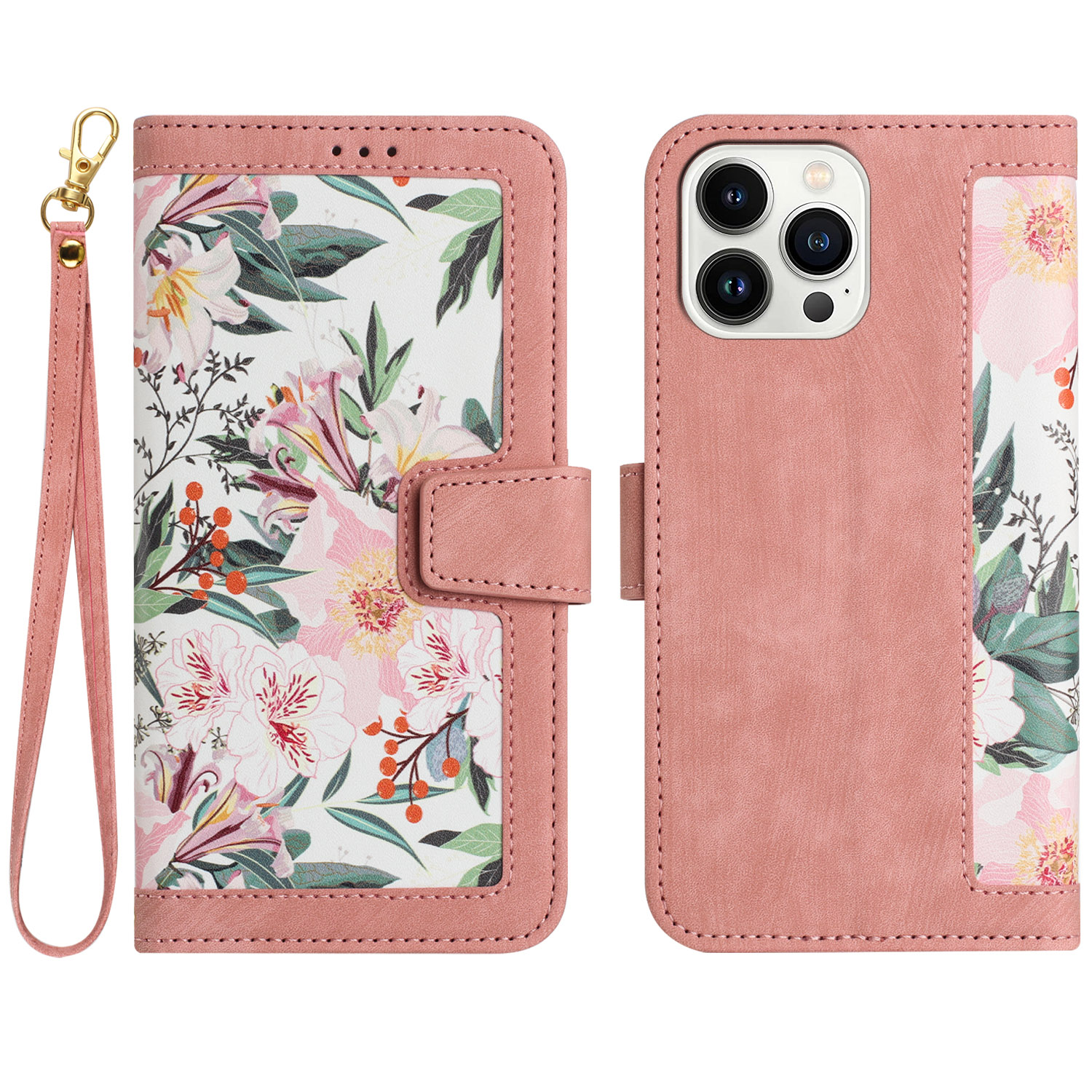 

Kartensteckplätze Lederetasche Für Iphone 15 Pro, Blumenmuster Druckmobile Ständer Cover - Rosa, iPhone 15 Pro