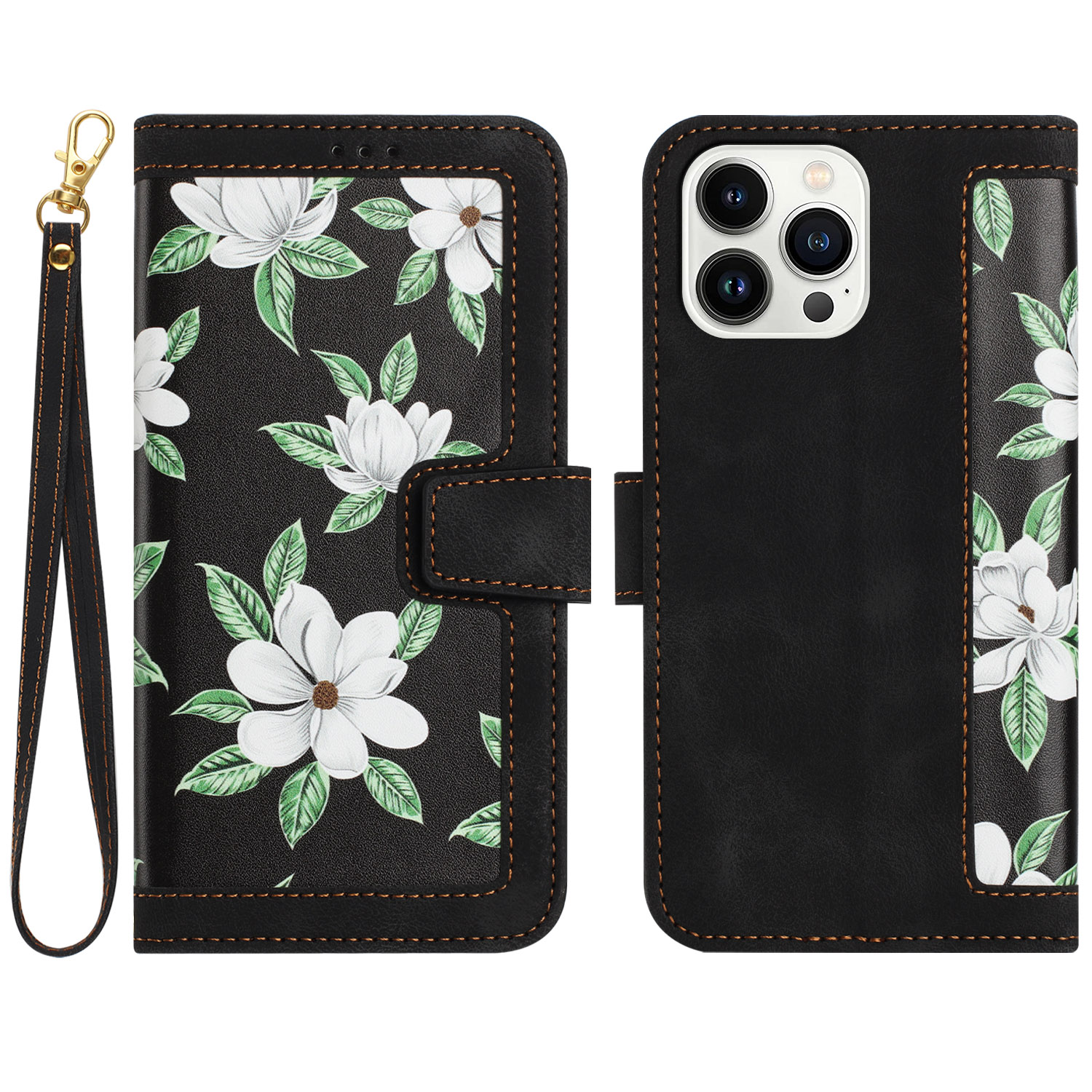 

Kartensteckplätze Lederetasche Für Iphone 15 Pro, Blumenmuster Druckmobile Ständer Cover - Schwarz, iPhone 15 Pro