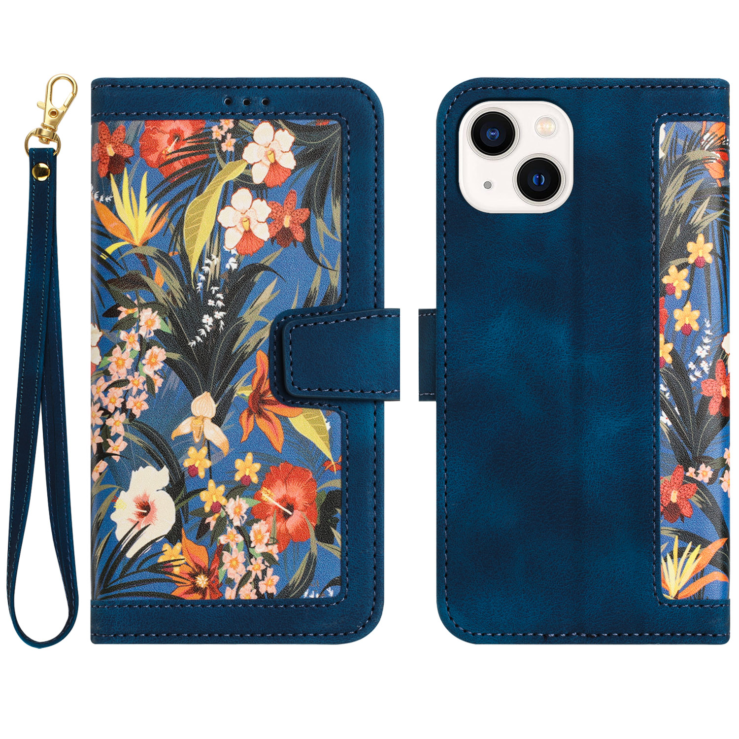 

Blumenmuster Druckledertasche Für Iphone 15, Kartenhalterständer Telefonabdeckung - Dunkelblau, iPhone 15