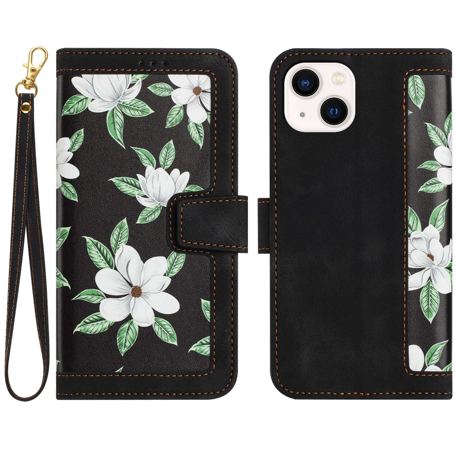 

Blumenmuster Druckledertasche Für Iphone 15, Kartenhalterständer Telefonabdeckung - Schwarz, iPhone 15