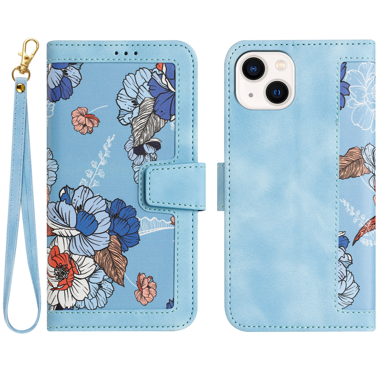 

Kartensteckplätze Stand Telefonabdeckung Für Iphone 15 Plus, Blumenmuster Druck PU Leder Telefon Hülle - Baby Blau, iPhone 15 Plus