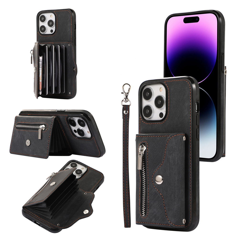 

Für Das Iphone 15 Pro PU Leder+tpu -telefonhülle Reißverschluss Taschenbrieftand -kickständer Mit Riemen - Schwarz, iPhone 15 Pro