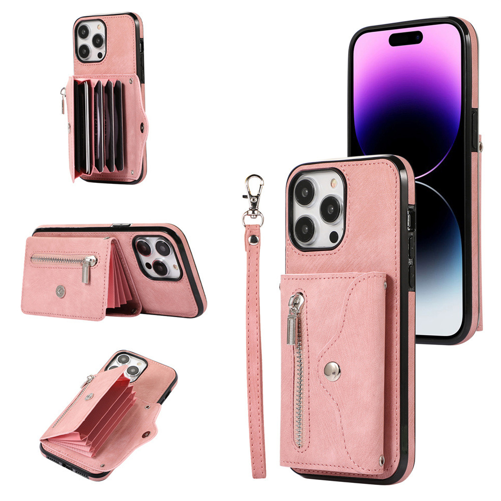 

Für Das Iphone 15 Pro PU Leder+tpu -telefonhülle Reißverschluss Taschenbrieftand -kickständer Mit Riemen - Roségold, iPhone 15 Pro