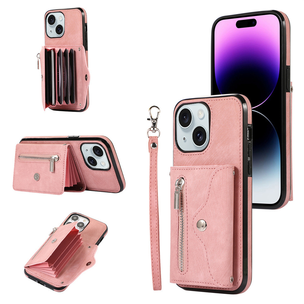 

Für Das Iphone 15 Plus PU Leder+tpu Kickstand Cover Wallet Wallet Handtasche Reißverschluss Pocket Phone Hülle - Roségold, iPhone 15 Plus