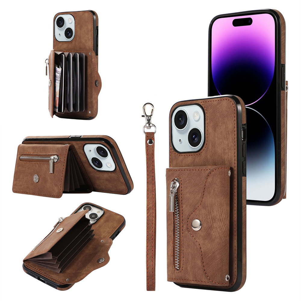 

Für Das Iphone 15 Plus PU Leder+tpu Kickstand Cover Wallet Wallet Handtasche Reißverschluss Pocket Phone Hülle - Braun, iPhone 15 Plus