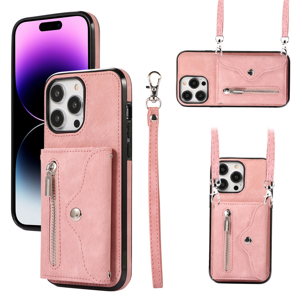 

Für Iphone 15 Pro PU Leder+tpu Reißverschlusspocket Case Kickstand Wallet RFID -blockierungsabdeckung Mit Gurten - Roségold, iPhone 15 Pro